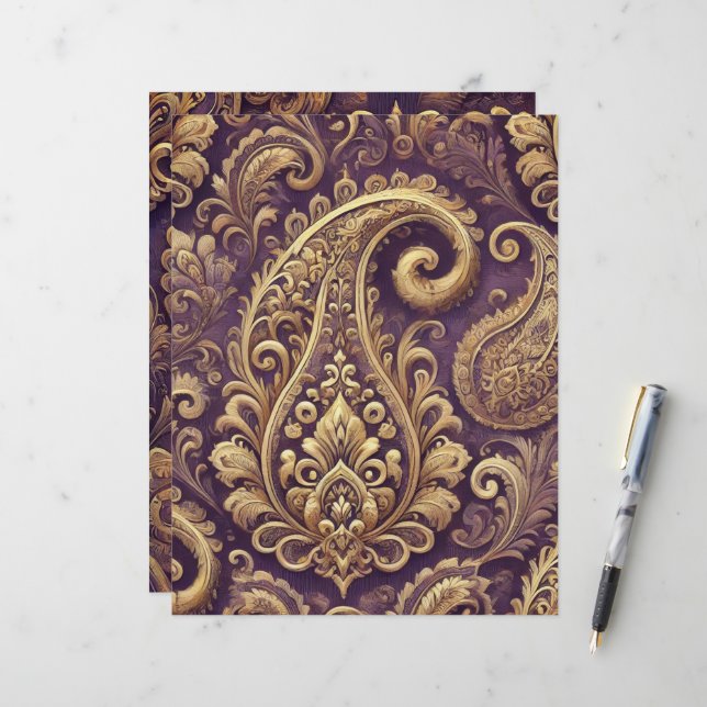 Lila & Guld Victorian Paisley Scrapbook Papper (Fram/Back In Situ)