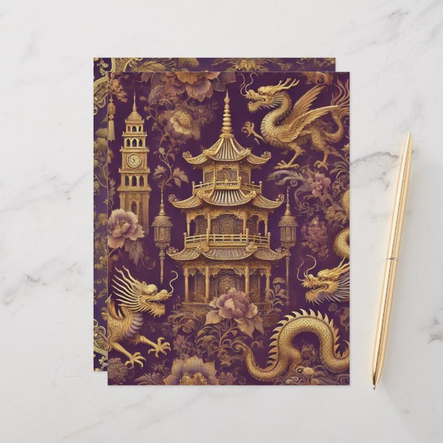 Lila & Guld Vintage Chinoiserie Scrapbook Papper (Fram/Back In Situ)