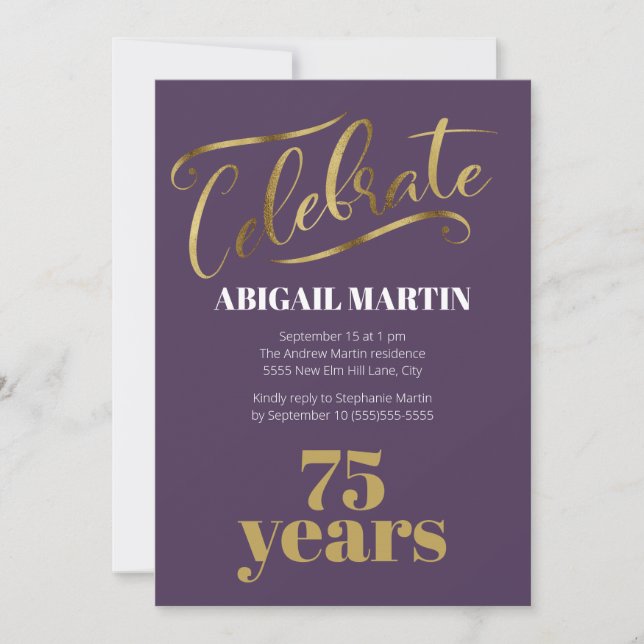 Lila Guld Vit 75-års Födelsedagsfest Inbjudan (Framsida)