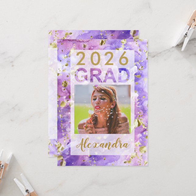 Lila Guld Watercolor Art 2025 Photo Studenten Inbjudningar (Fram/Back In Situ)