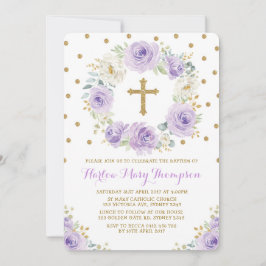 Lila Guld Watercolor Blommigt Baptism Christening Inbjudningar
