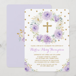 Lila Guld Watercolor Blommigt Baptism Christening Inbjudningar