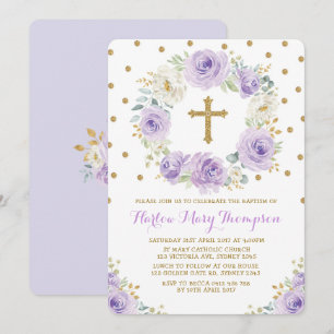 Lila Guld Watercolor Blommigt Baptism Christening Inbjudningar