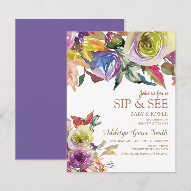Lila Guld Watercolor Blommigt Sip Se Baby Shower Inbjudningar (Fram/baksida)