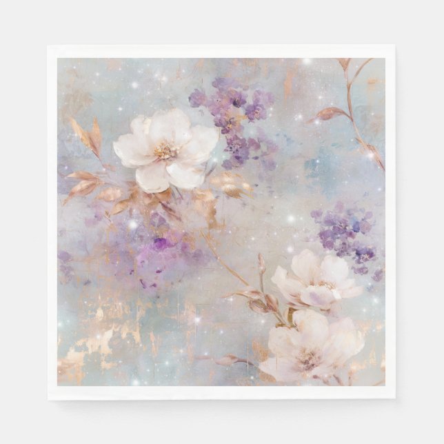 Lila Guld White Blommigt Pappersservett (Framsidan)