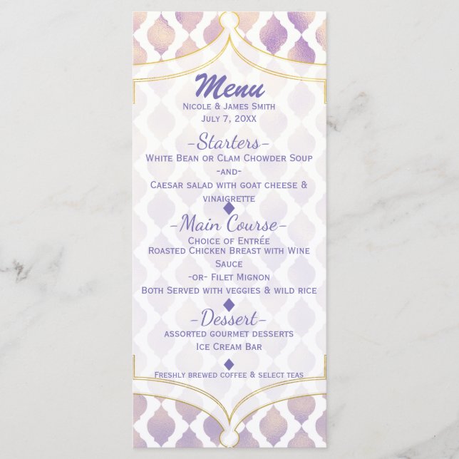 Lila Guld & White Moroccan Modern Menu Card Meny (Framsida)