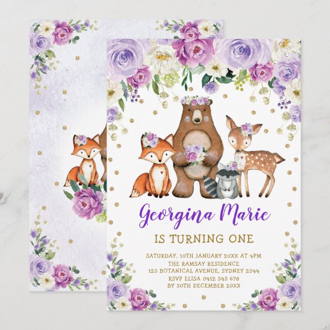 Lila Guld Woodland Forest Girly Blommigt Birthday Inbjudningar (Fram/baksida)