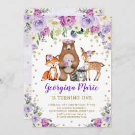 Lila Guld Woodland Forest Girly Blommigt Birthday Inbjudningar