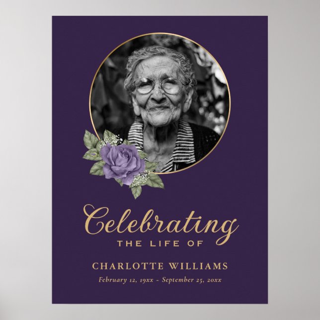 Lila guldblommig begravningsfoto välkomstskylt poster (Framsidan)
