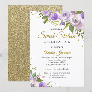 Lila guldglänsande blomster Sweet Sixteen-inbjudan Inbjudningar