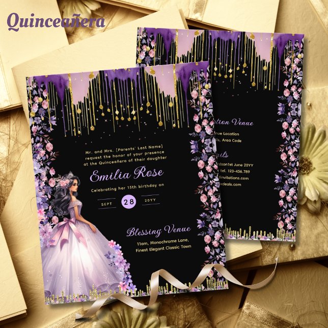 Lila guldskimrande Quinceanera-klänning med blomst (Skapare uppladdad)