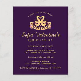 Lila guldtiara Quinceanera-inbjudan på budget