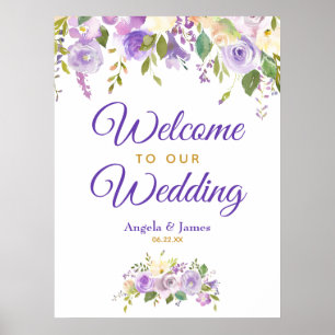 Lila Guldvattenfärg Blommig Bröllopshälsning Poster