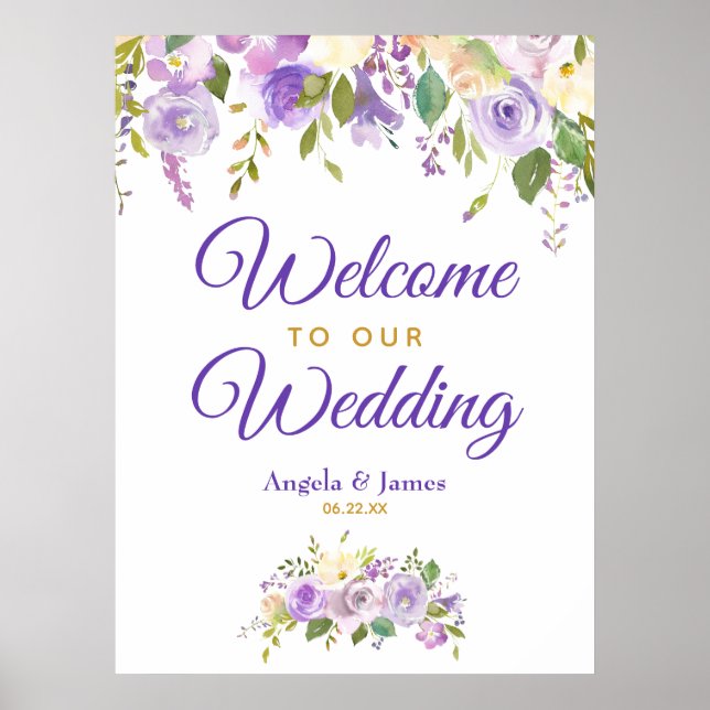 Lila Guldvattenfärg Blommig Bröllopshälsning Poster (Framsidan)