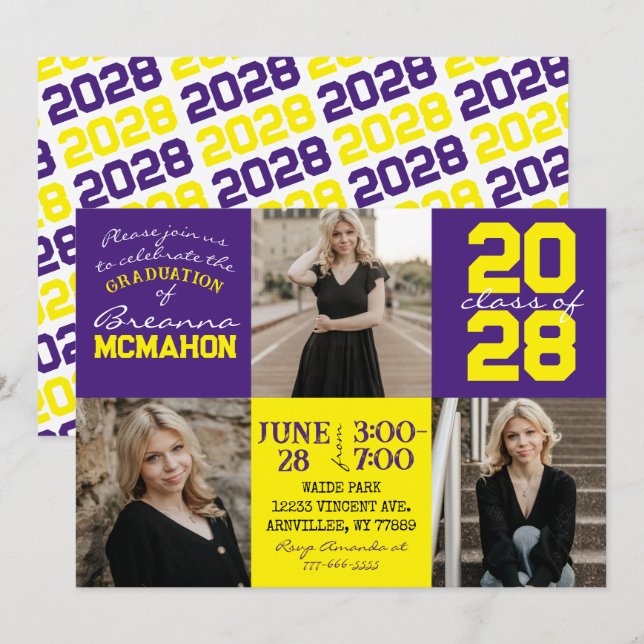 Lila & Gult 3 Foto Studenten-inbjudan Inbjudningar (Fram/baksida)