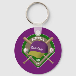 Lila Gult Baseball Diamond Player Namn nummer Nyckelring