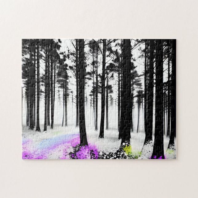 Lila Gult Blue in i Black Silhouette Forest Pussel (Horisontell)