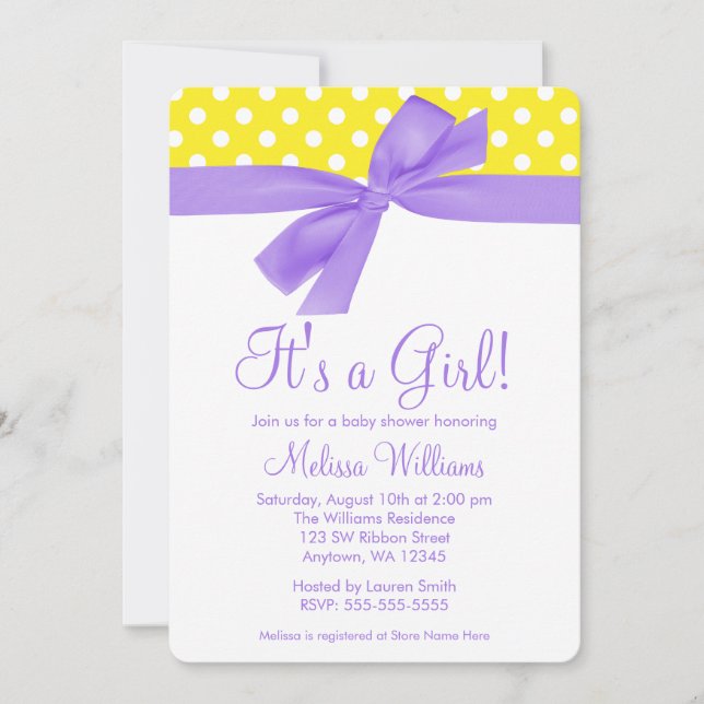 Lila Gult Bow Polka Dot Baby Shower Inbjudningar (Framsida)