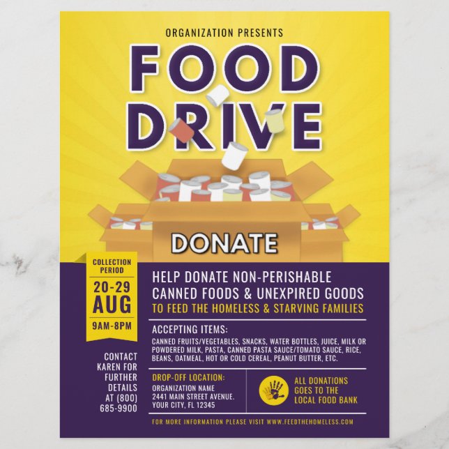 Lila Gult Canned Food Drive Fundraiser Flyer (Framsidan)
