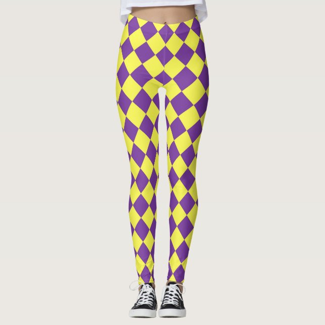 Lila Gult Checker Diamond Mönster Leggings (Framsida)