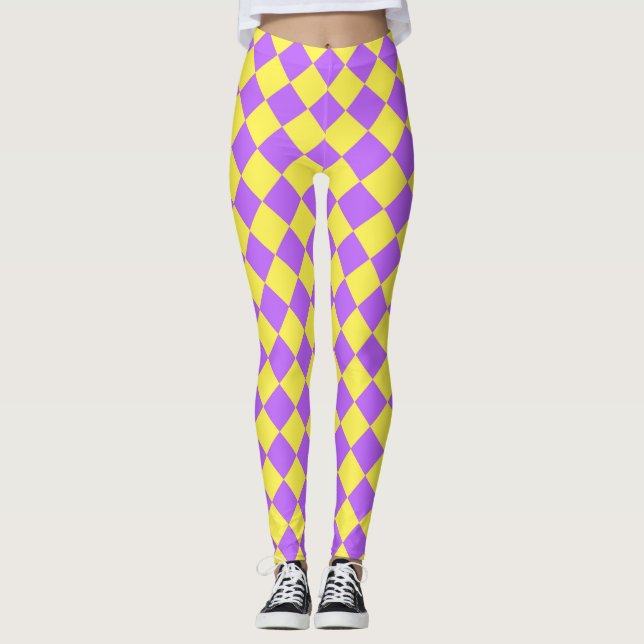 Lila Gult Checker Diamond Mönster Leggings (Framsida)