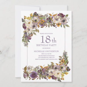 Lila Gult Elfenbensfärgade Blommor och Löv 18-årsd Inbjudningar