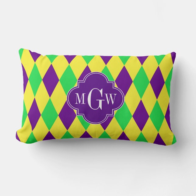 Lila Gult Grönt Harlequin Purp Quat 3 Monogram Lumbarkudde (Framsida)
