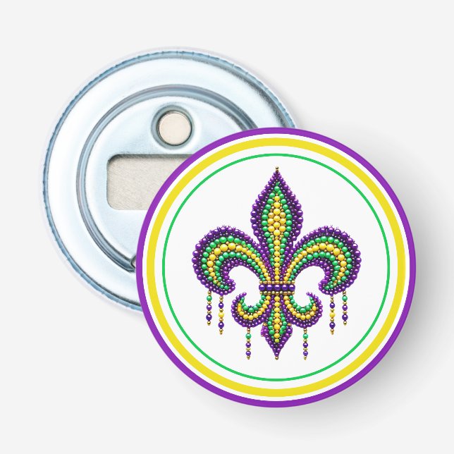 Lila gult grönt Mardi Gras fleur de lis Flasköppnare (Framsidan)