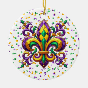 Lila gult grönt Mardi Gras fleur de lis Julgransprydnad Keramik
