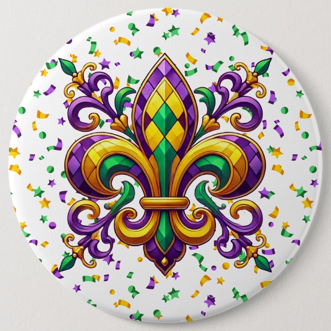 Lila gult grönt Mardi Gras fleur de lis Knapp (Framsida)