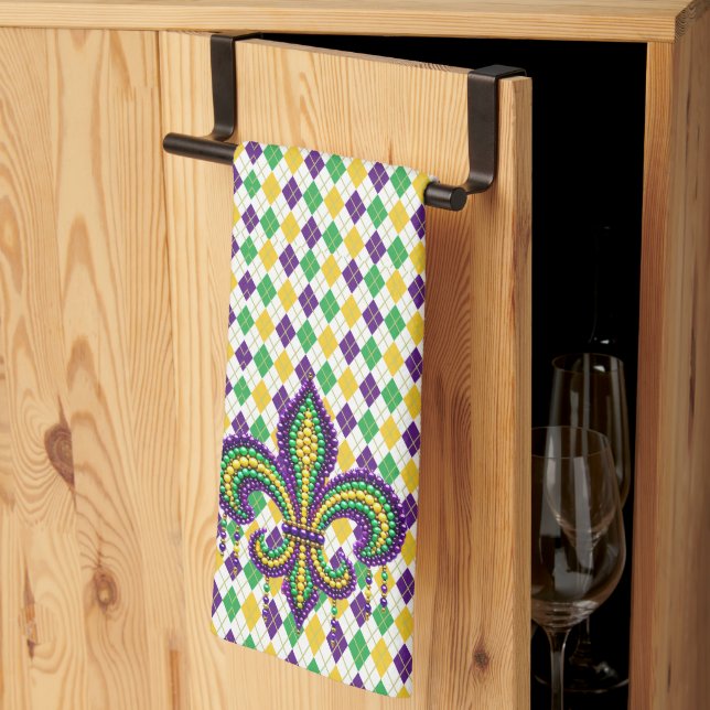 Lila gult grönt Mardi Gras fleur de lis Kökshandduk (Thirds Fold)