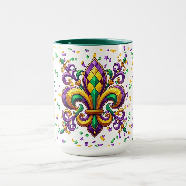 Lila gult grönt Mardi Gras fleur de lis Mugg (Center)