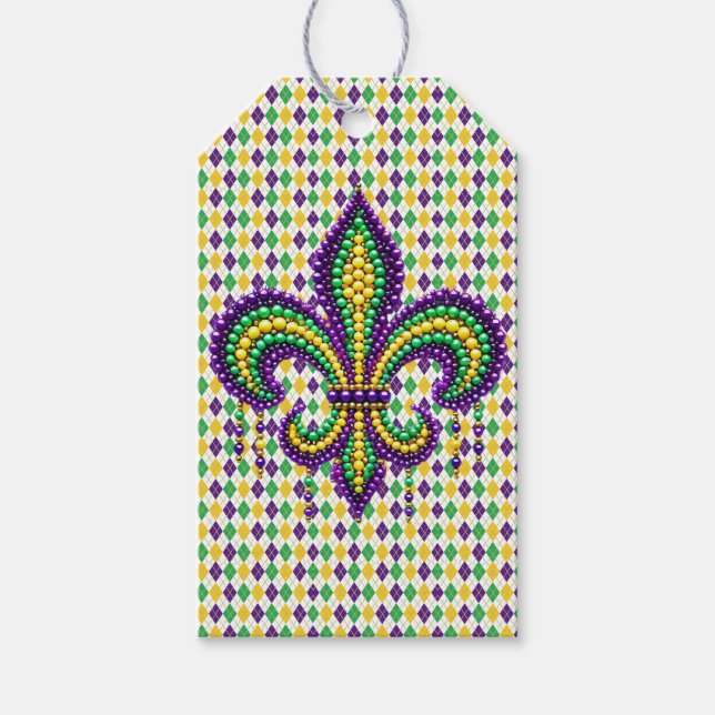 Lila gult grönt Mardi Gras fleur de lis Presentetikett (Framsidan)