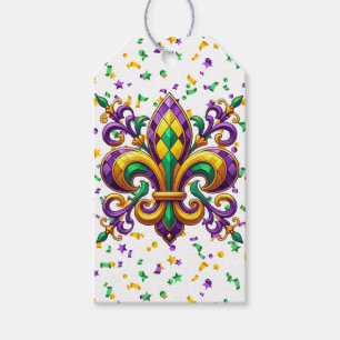 Lila gult grönt Mardi Gras fleur de lis Presentetikett