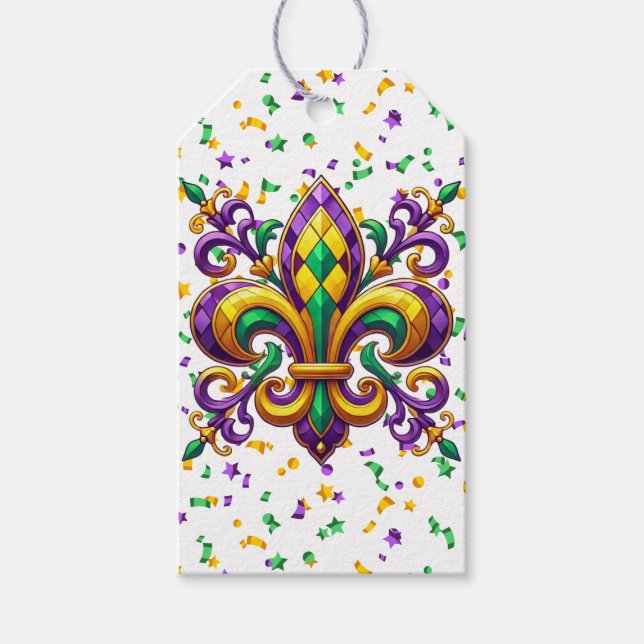 Lila gult grönt Mardi Gras fleur de lis Presentetikett (Framsidan)