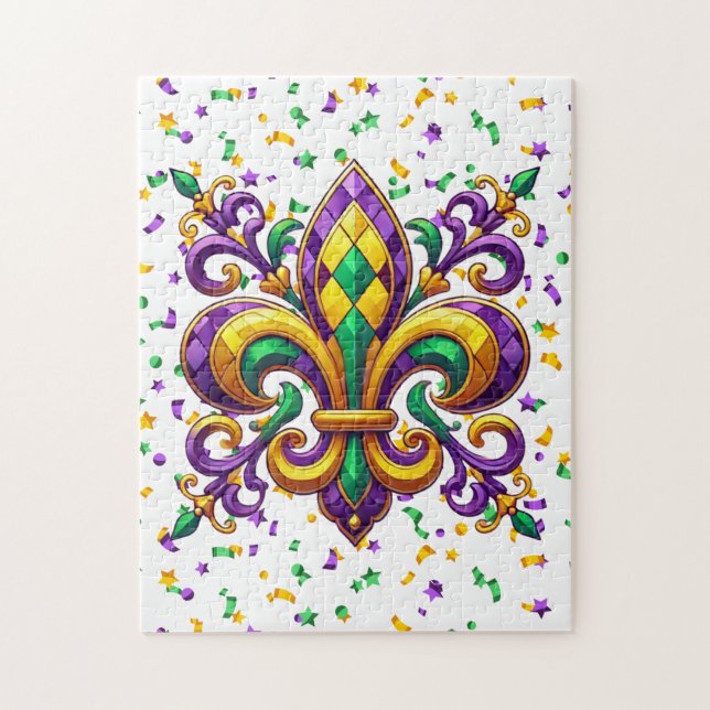 Lila gult grönt Mardi Gras fleur de lis Pussel (Vertikal)
