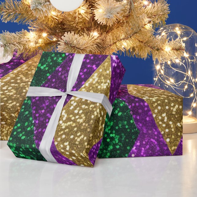Lila Gult Grönt Mardi Gras Glitter Mönster Presentpapper (Helgdagar)