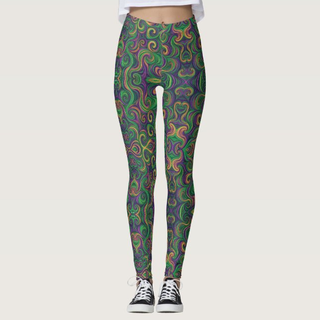 Lila gult grönt Mardi Gras swirls abstrakt Leggings (Framsida)