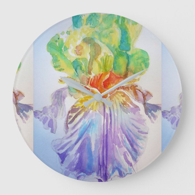 Lila Gult Iris Flowers Blommigt Art Wall Clock Stor Klocka (Framsida)