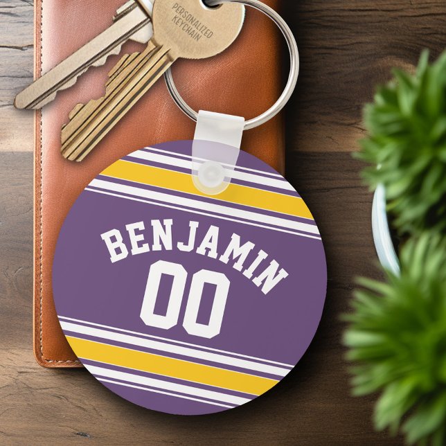 Lila Gult Jersey Rand Anpassat namn Nyckelring (Personalized Keychain - Sports Jersey Football Theme)