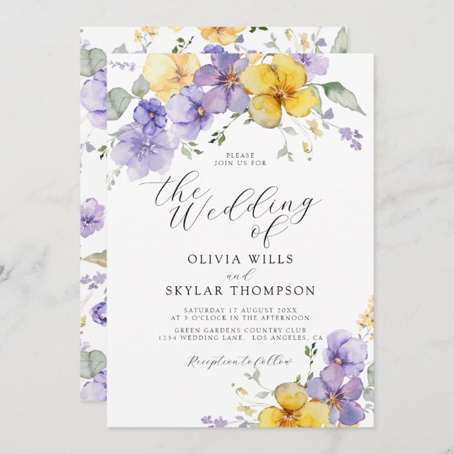 Lila Gult Lavender Summer Flower Bröllop Inbjudningar (Fram/baksida)