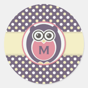 Lila Gult Monogram Stickers i Tecknaden Natten Ugg Runt Klistermärke
