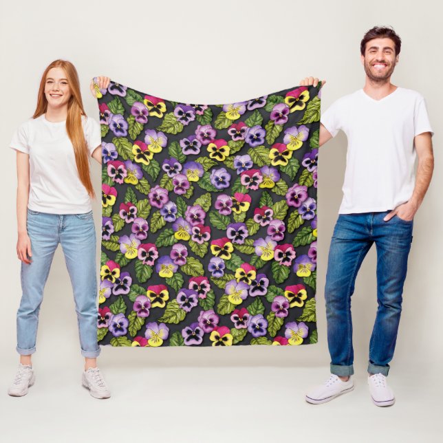 Lila & Gult Pansies Blommigt Fleece Blanket (På plats)