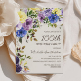Lila Gult Vattenfärgad Blommigt 100:e födelsedagen Inbjudningar