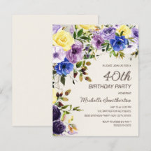 Lila Gult Vattenfärgad Blommigt 40 födelsedagar