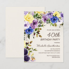 Lila Gult Vattenfärgad Blommigt 40 födelsedagar Inbjudningar