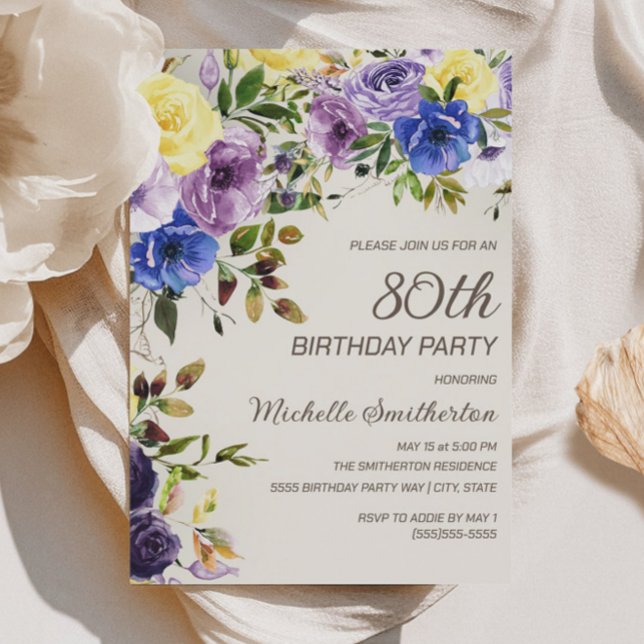 Lila Gult Vattenfärgad Blommigt 80 födelsedagar Inbjudningar (Purple and yellow watercolor floral 80th birthday party invitation)