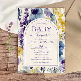 Lila Gult Watercolor Wildblomma Baby Shower Inbjudningar