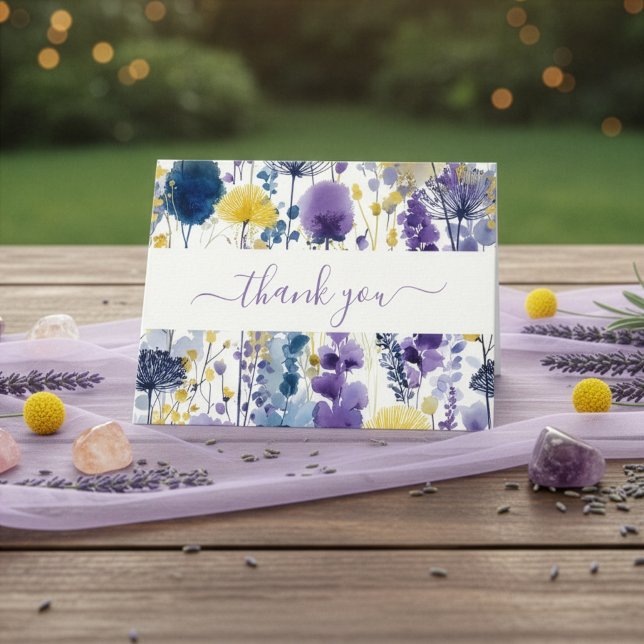 Lila Gult Watercolor Wildblomma Baby Shower Tack Kort (Skapare uppladdad)