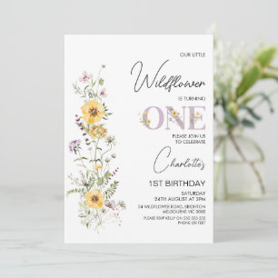 Lila Gult Wildblommor Bouquet 1:a födelsedag Inbjudningar